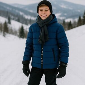 Perry Ellis Boys Puffer Jacket Blue Hood Winter Coat  14/16 Insulated Zip Pocket